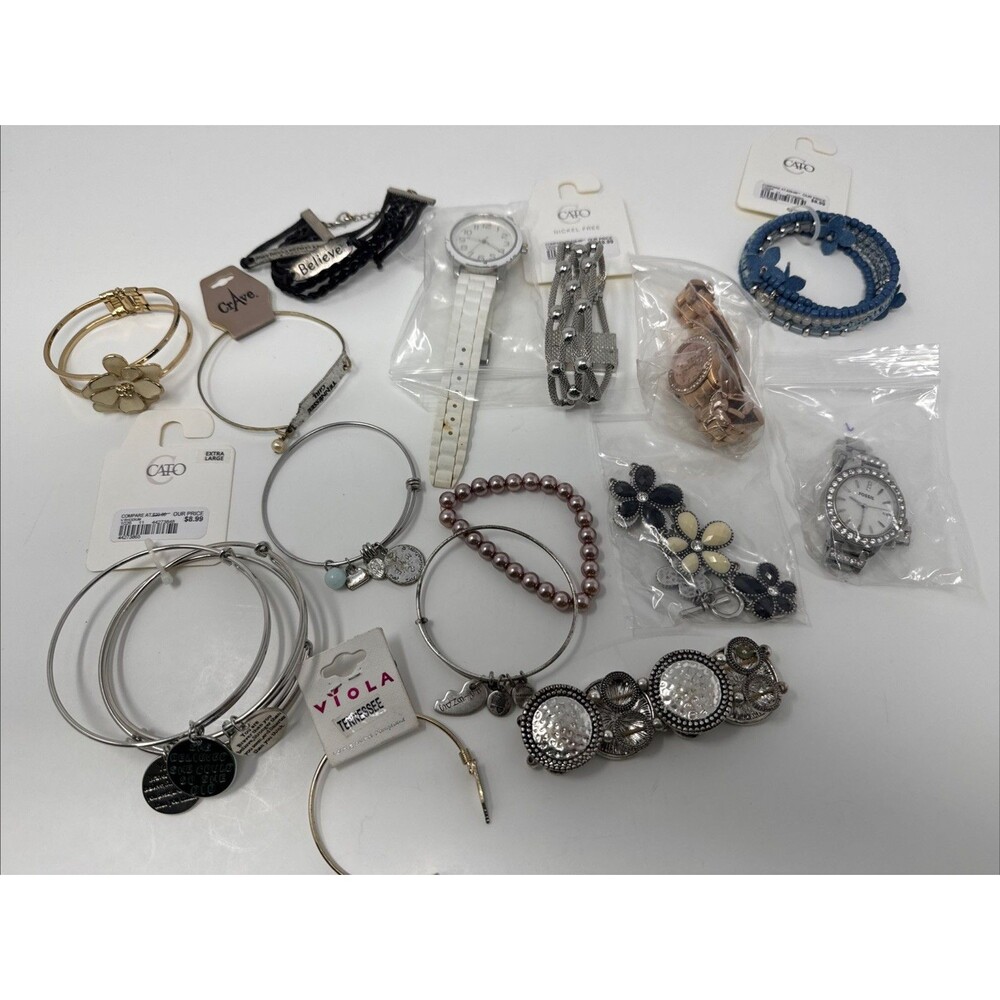 Lot Of 15 Jewelry Bracelets Watches - Fossil Cato silver sparkle flower Alex Ani